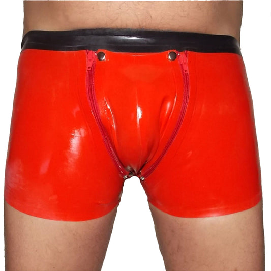 Latex Shorts mit Doppel-Reißverschluss/Innenbeutel Rot Mangel