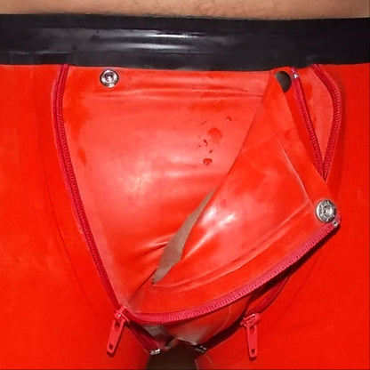 Latex Shorts mit Doppel-Reißverschluss/Innenbeutel Rot Mangel
