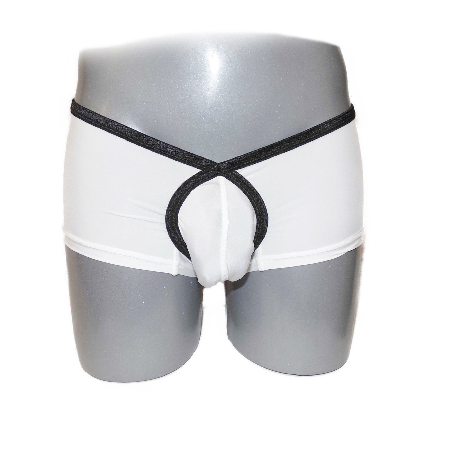 Pants with extra room at the front, color contrast.