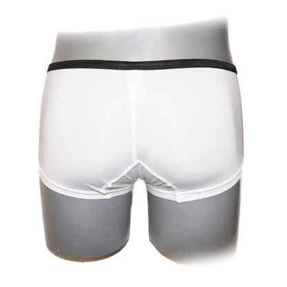 Pants with extra room at the front, color contrast.