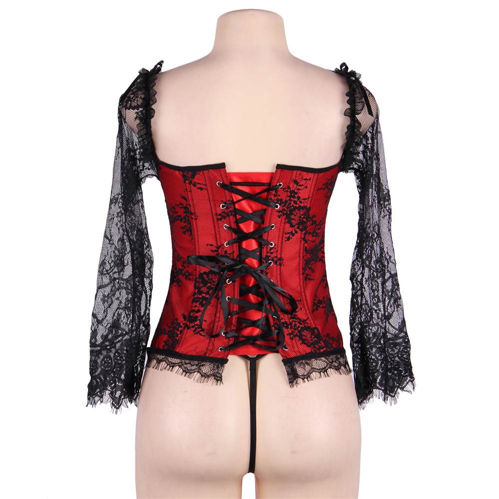 Lace Sleeves Stitching Red Corset